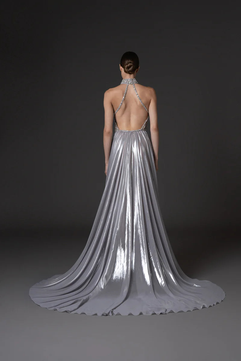 Crystal Bodice & Silver Chiffon Lamé Dress