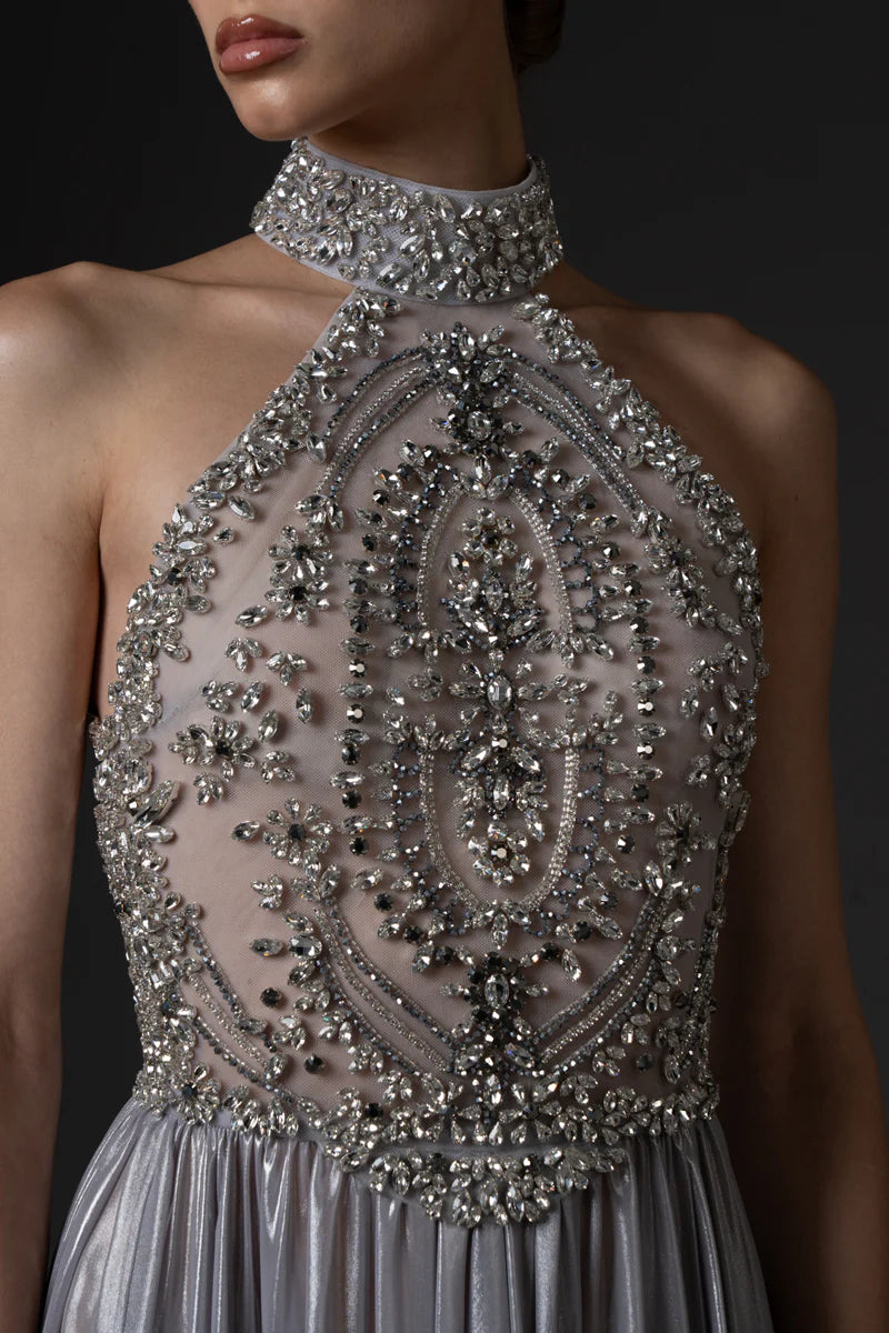 Crystal Bodice & Silver Chiffon Lamé Dress