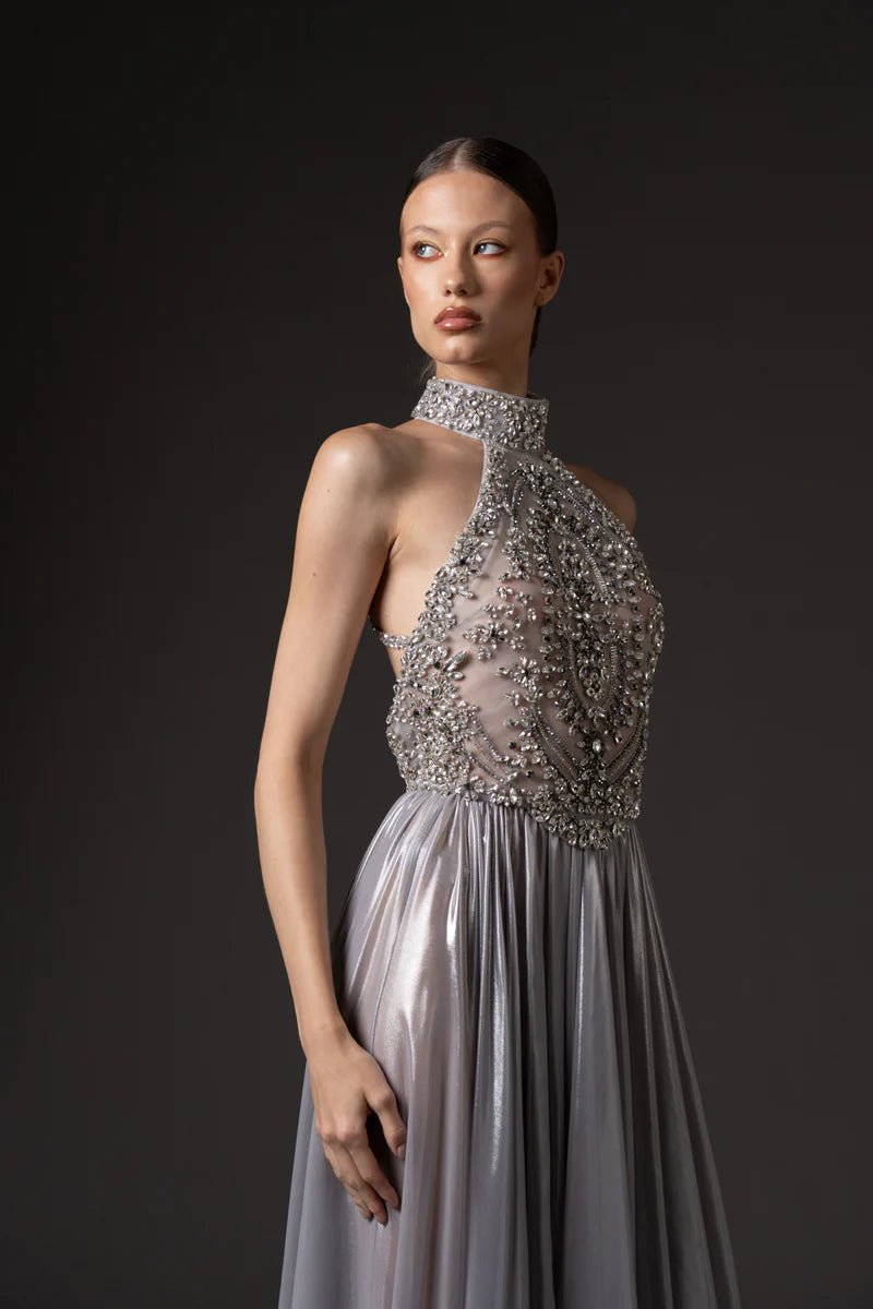 Crystal Bodice & Silver Chiffon Lamé Dress