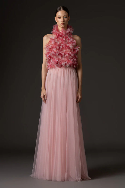 Halter Neck Tulle Dress with Flower Applique