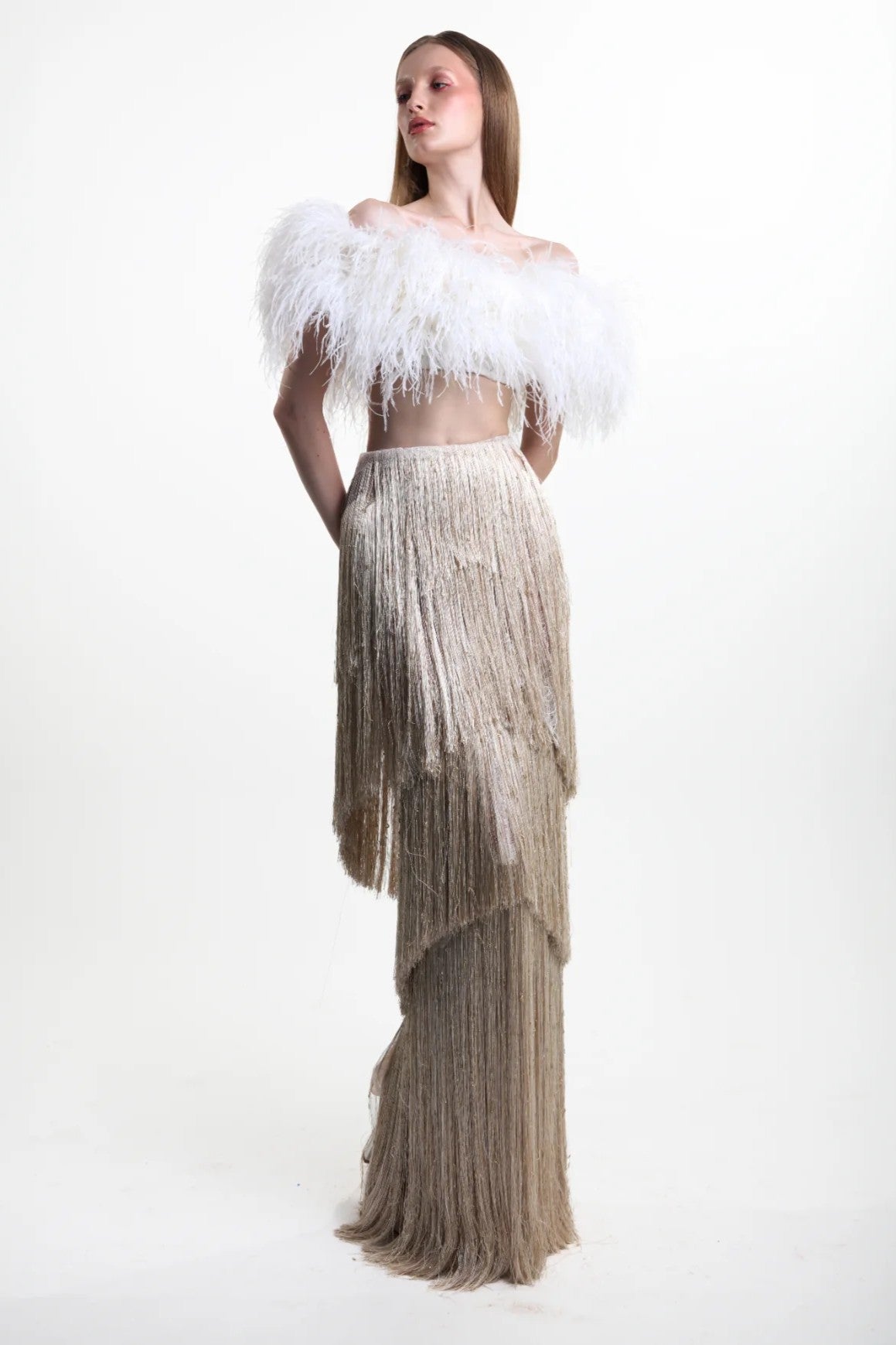Feather Top and Fringe Skirt Set