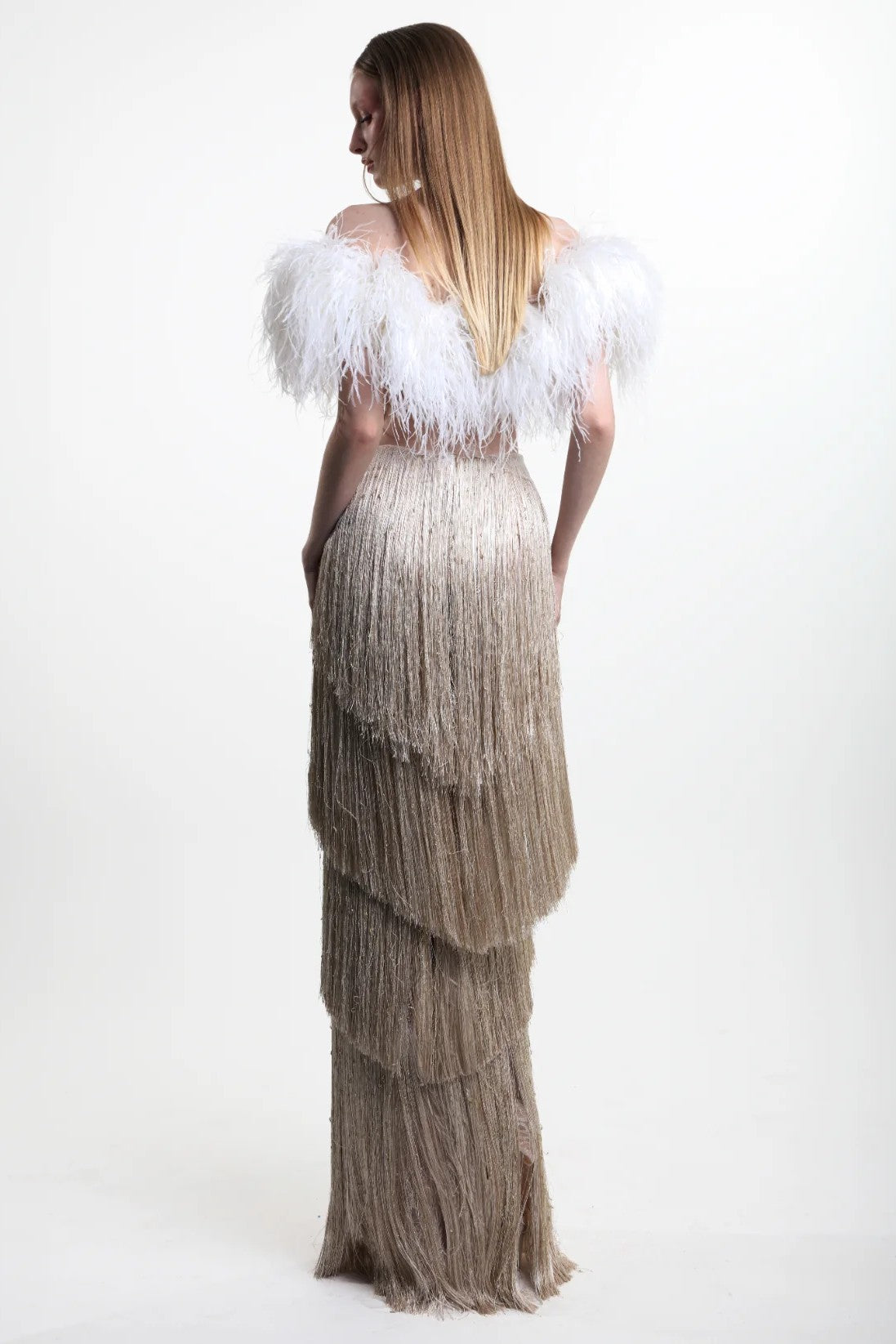 Feather Top and Fringe Skirt Set