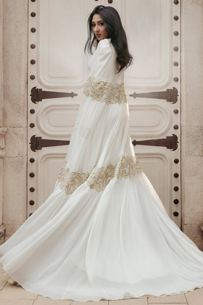 Keyhole Chiffon Cape-Sleeve Gown