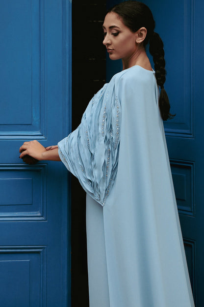 Feather-Appliqué Cape Gown