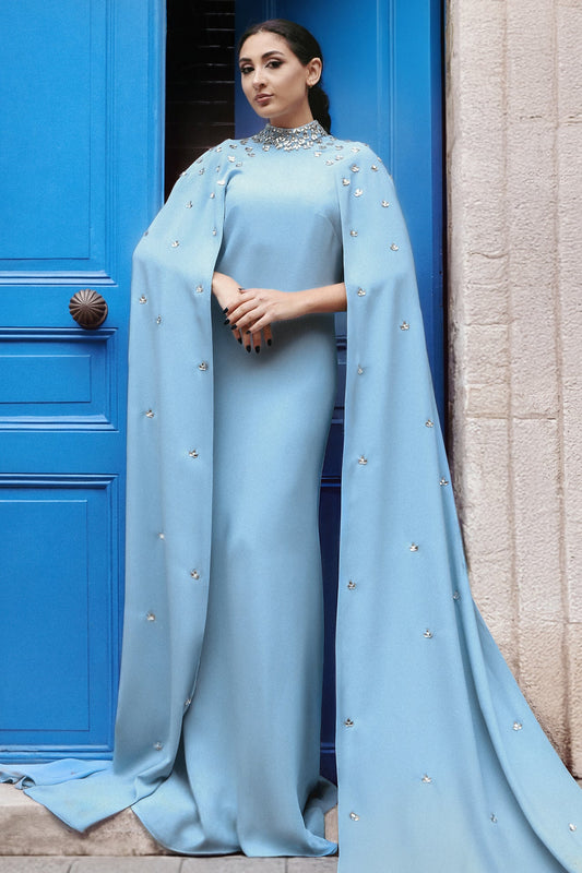 Crystal Cape-Sleeve Gown