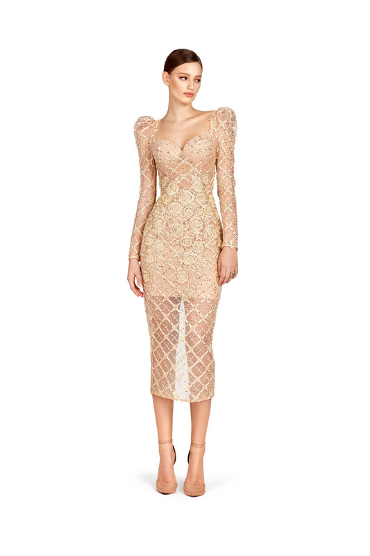 Gold Long Sleeve Midi Dress