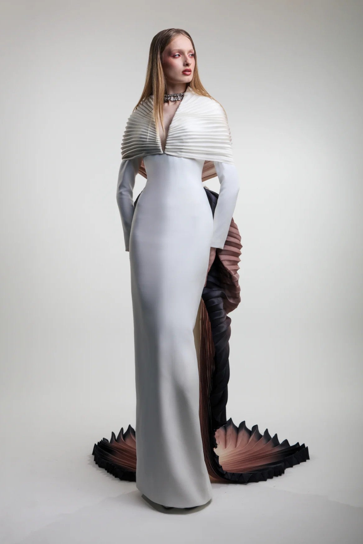 Long Sleeve Pleated Gown
