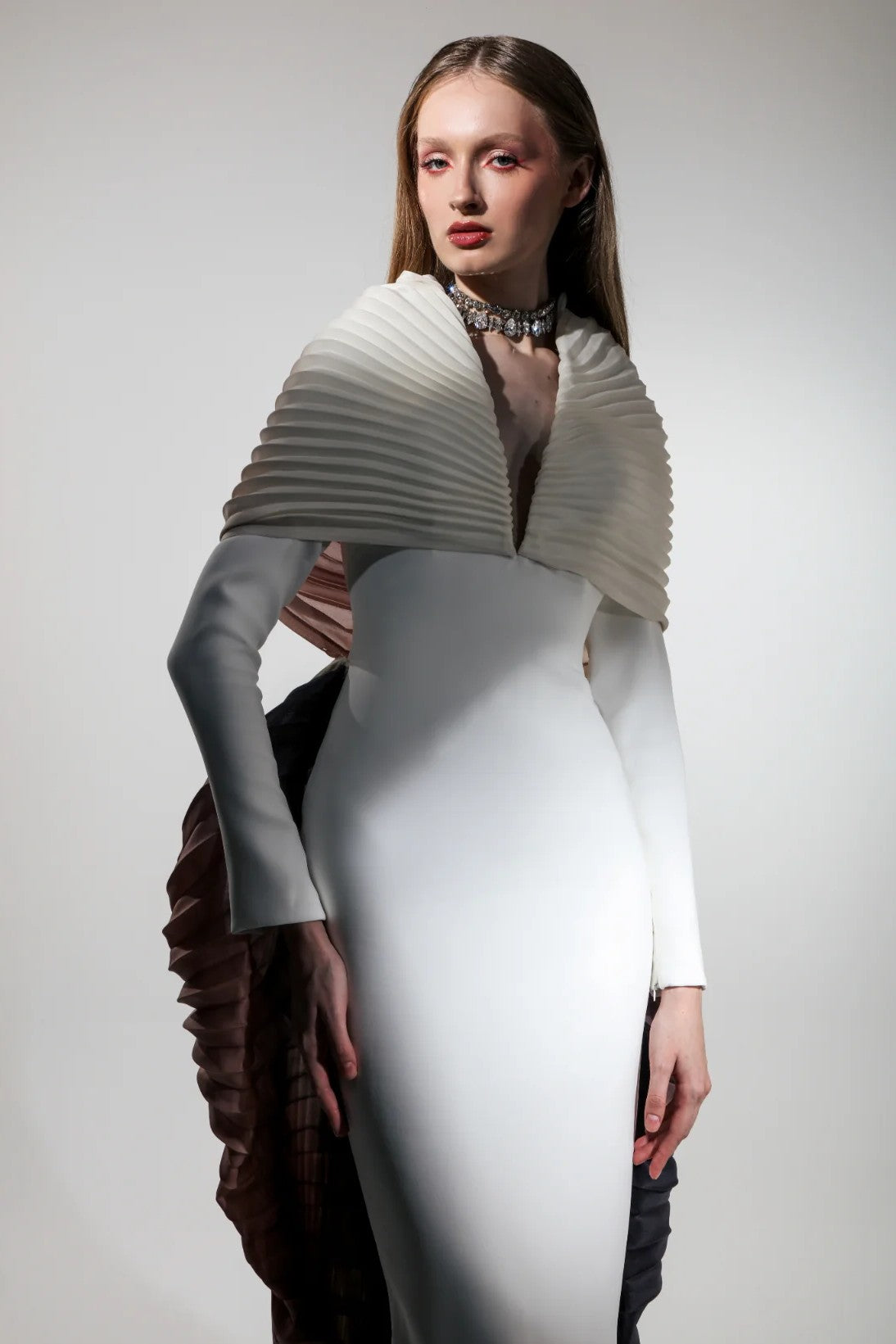 Long Sleeve Pleated Gown