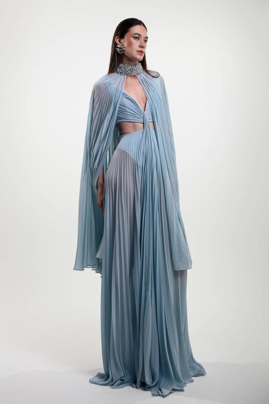 Pleated Sheer Cape Gown
