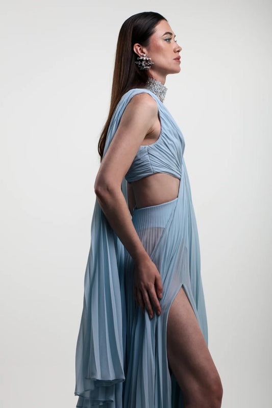 Pleated Sheer Cape Gown