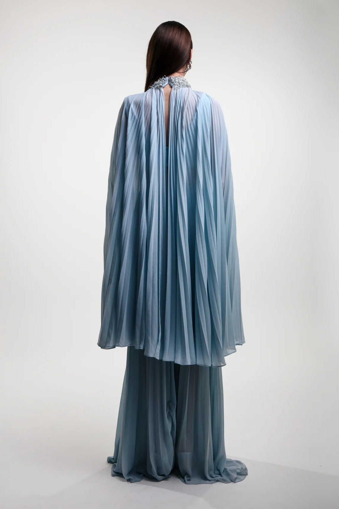 Pleated Sheer Cape Gown