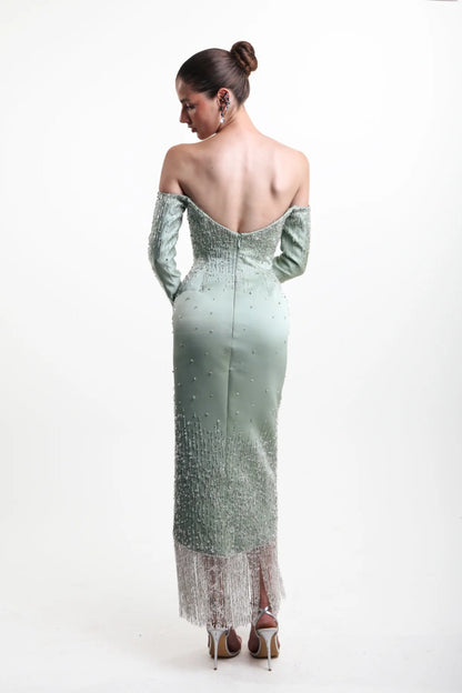 Vestido Midi con Flecos de Cuentas