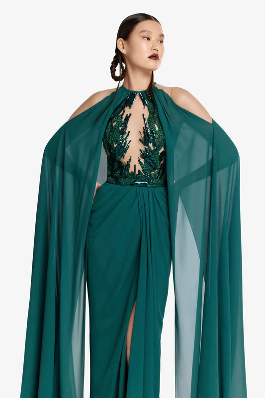 Pleated Gown with Cape