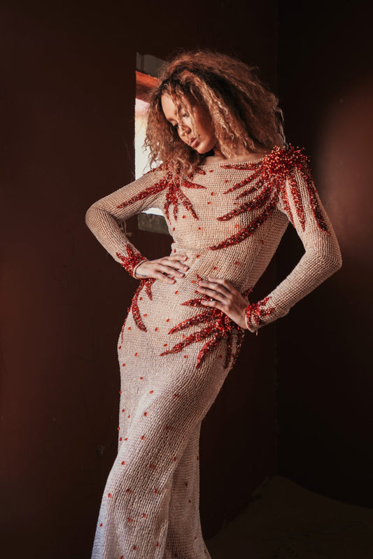 Long Sleeve Beaded Gown