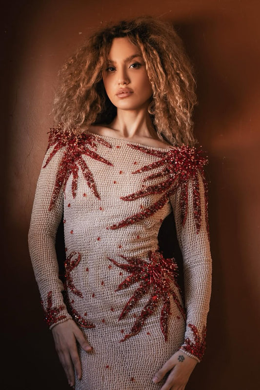 Long Sleeve Beaded Gown