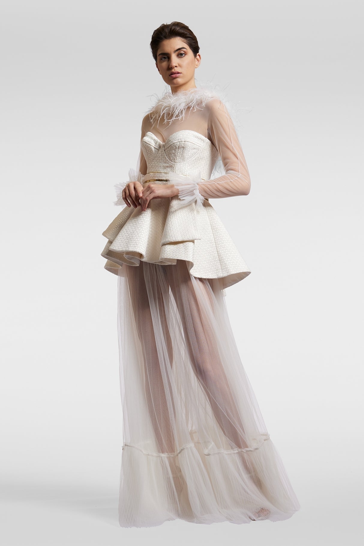 Feather Neck Peplum Gown