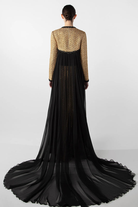 Strapless Tweed and Chiffon Gown with Jacket