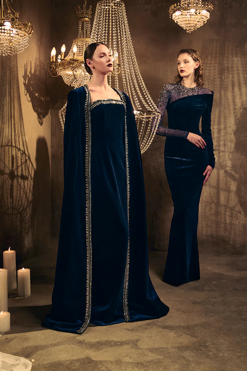 Embroidered Velvet Blue Dress with Cape‭