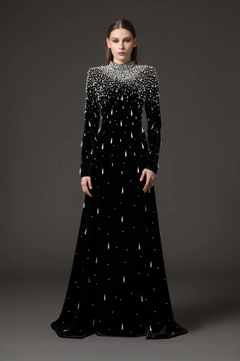 Black Velvet Dress with Overskirt‭