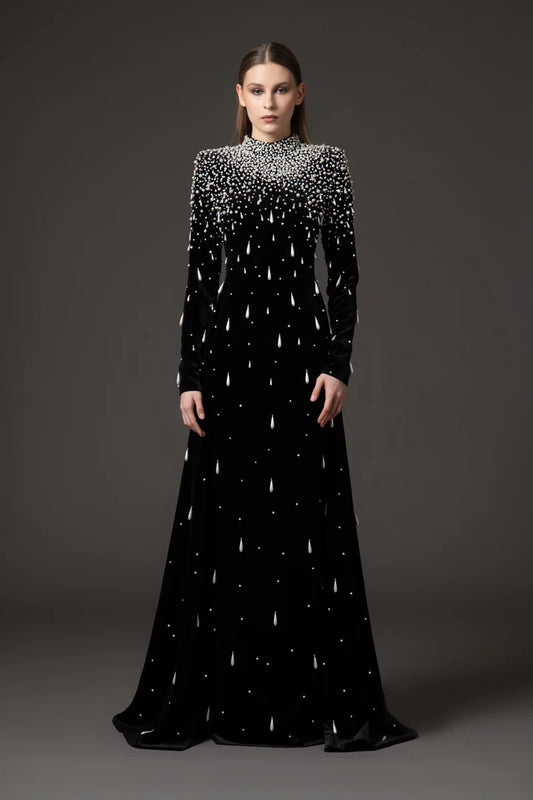 Black Velvet Dress with Overskirt‭