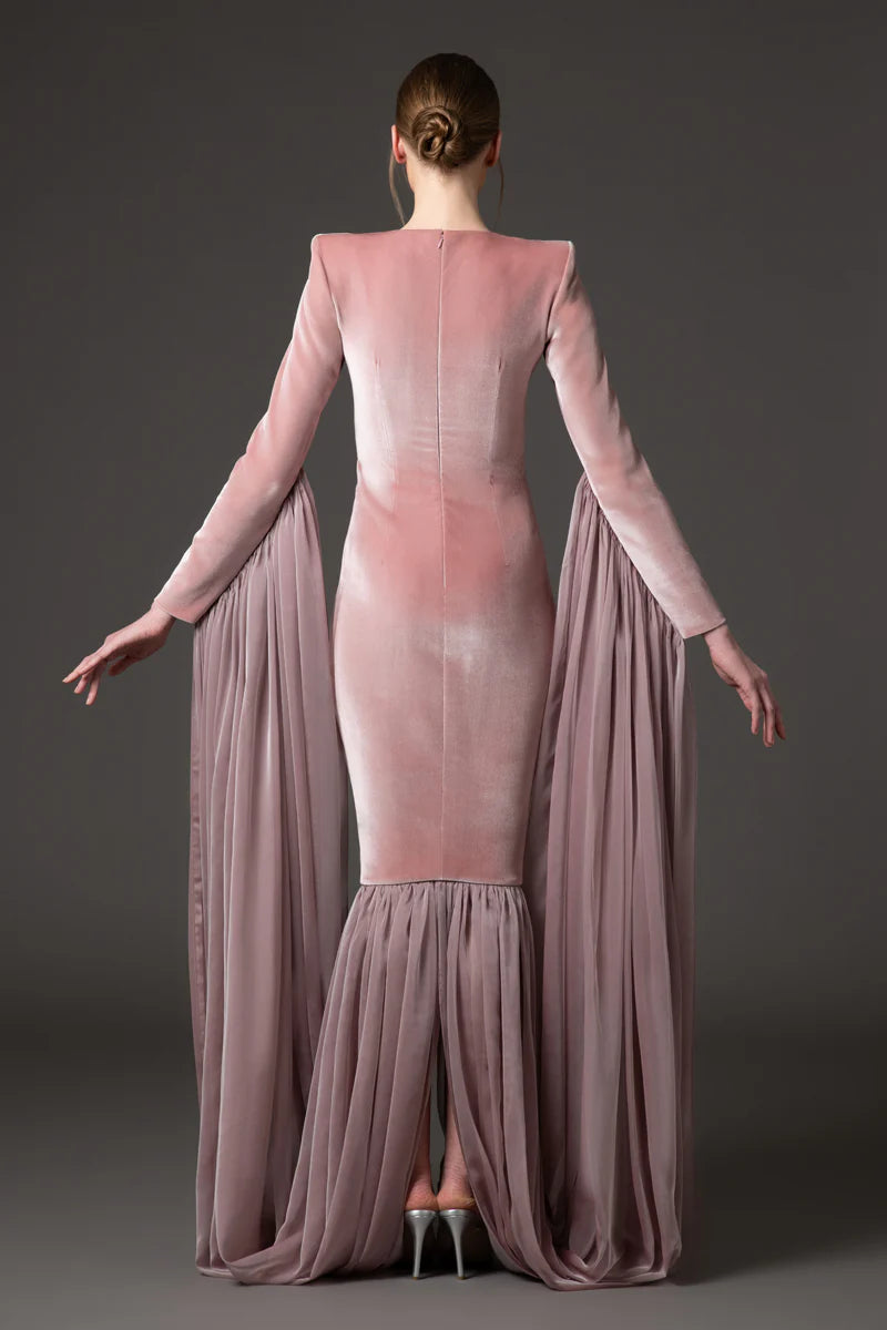 Vintage Rose Velvet Dress with Chiffon Draping