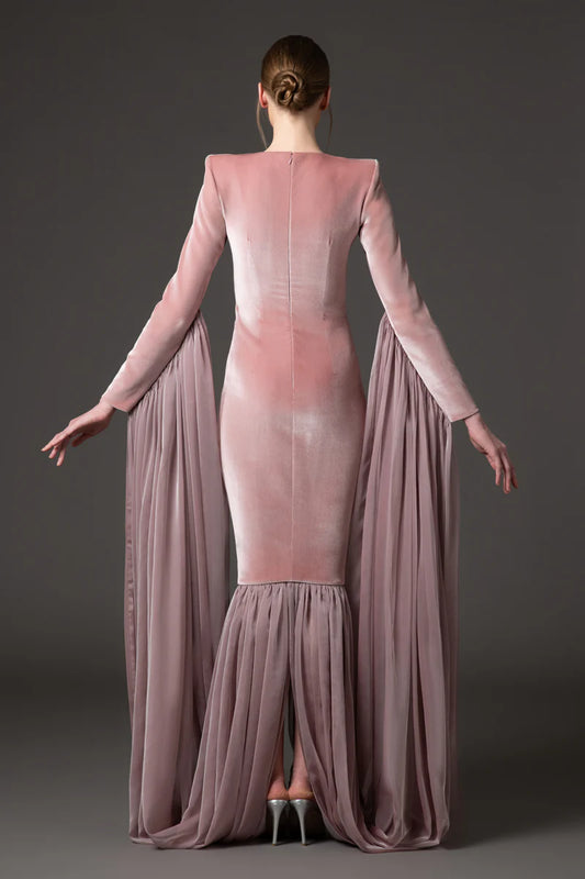 Vintage Rose Velvet Dress with Chiffon Draping
