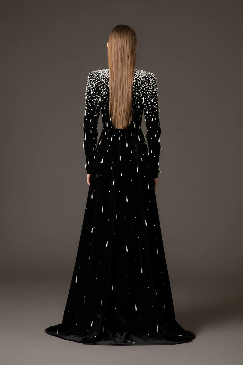 Black Velvet Dress with Overskirt‭