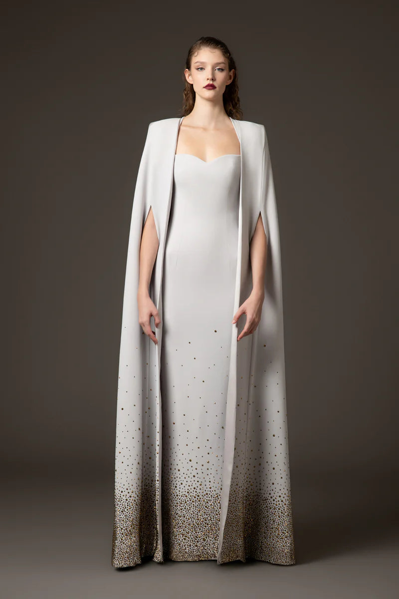 Embroidered Light Grey Crêpe Dress with Cape