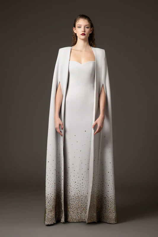 Embroidered Light Grey Crêpe Dress with Cape