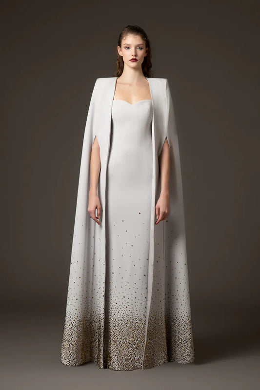 Embroidered Light Grey Crêpe Dress with Cape