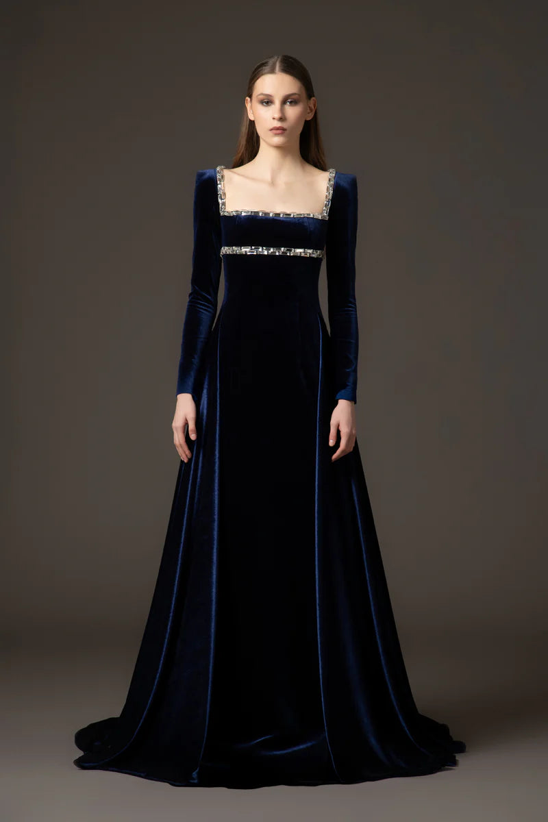 Velvet Blue Dress with Overskirt‭
