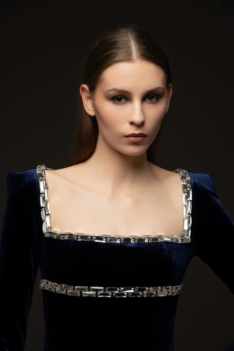 Velvet Blue Dress with Overskirt‭