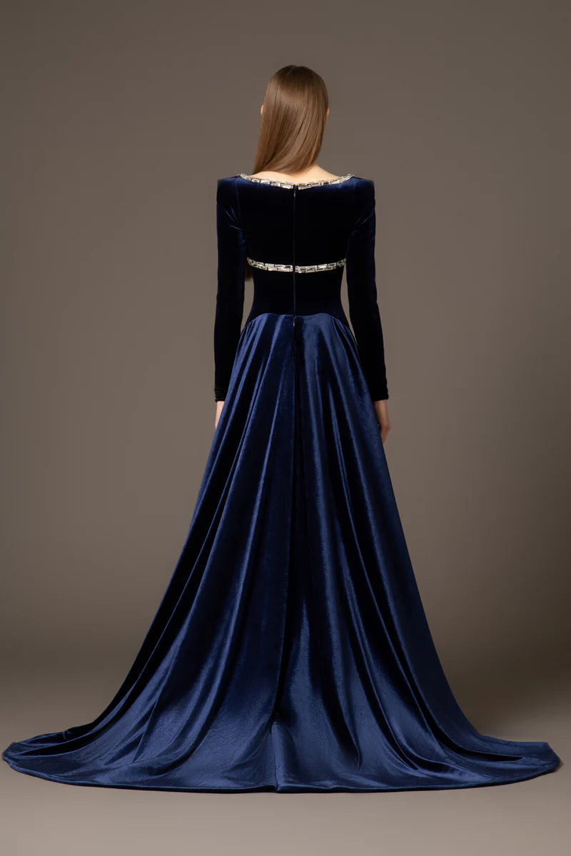 Velvet Blue Dress with Overskirt‭