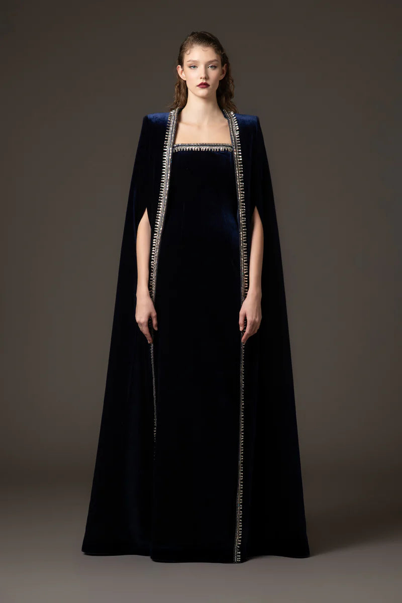 Embroidered Velvet Blue Dress with Cape‭