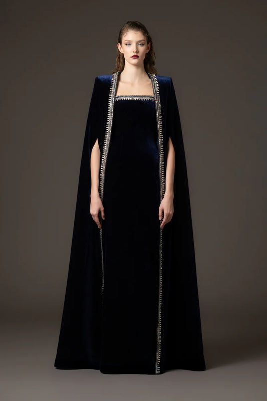 Embroidered Velvet Blue Dress with Cape‭