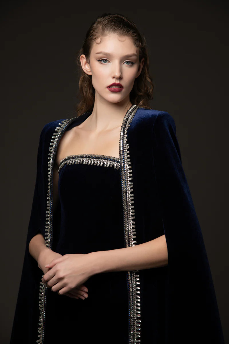 Embroidered Velvet Blue Dress with Cape‭