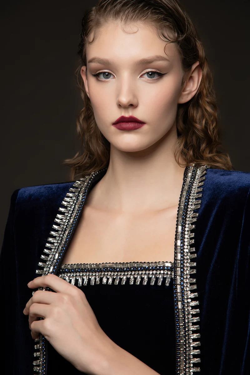 Embroidered Velvet Blue Dress with Cape‭