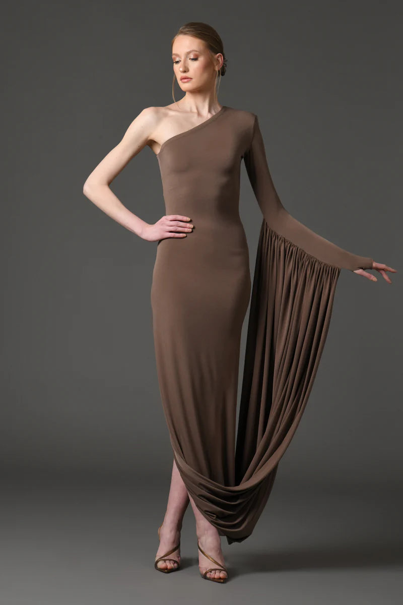 Coffee Brown Jersey Asymmetric Dress