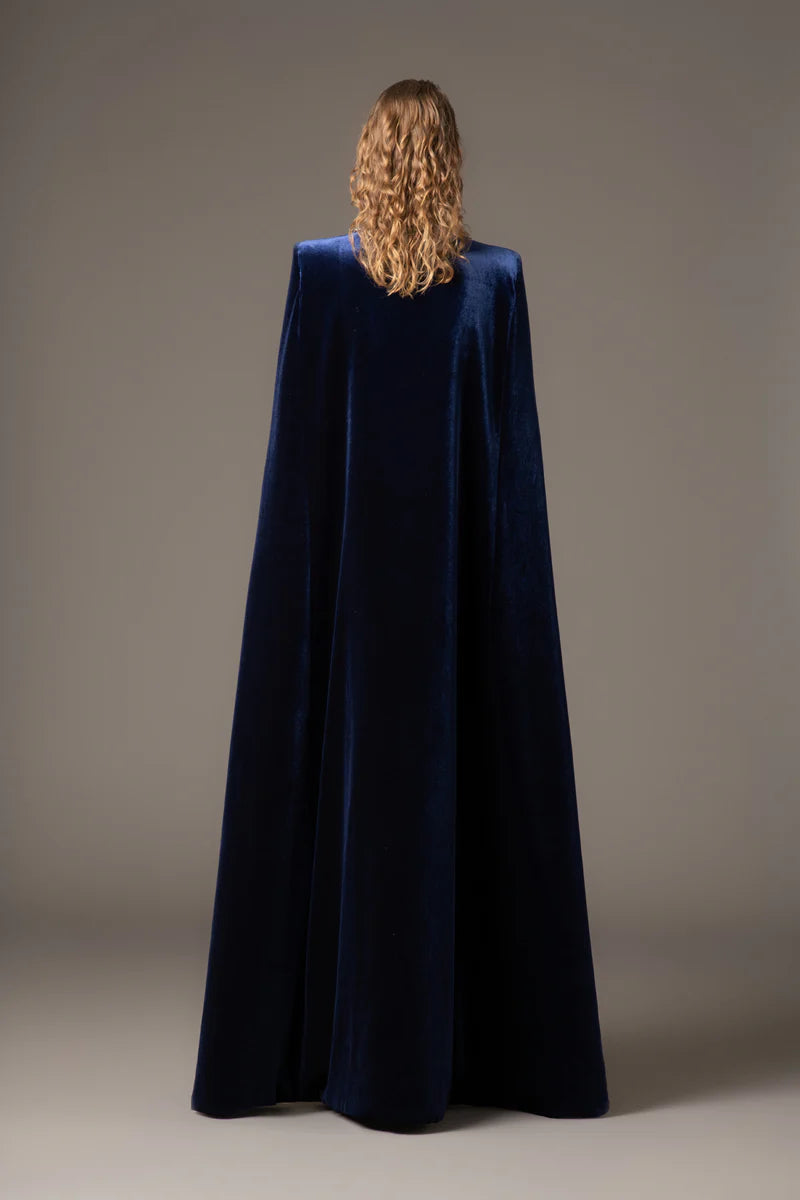 Embroidered Velvet Blue Dress with Cape‭