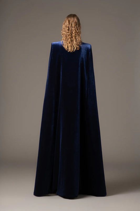 Embroidered Velvet Blue Dress with Cape‭