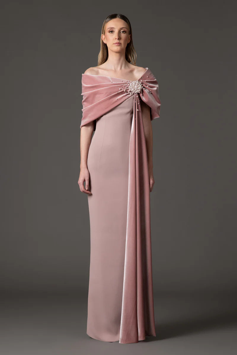 Vintage Rose Crêpe Dress with Velvet Neckline