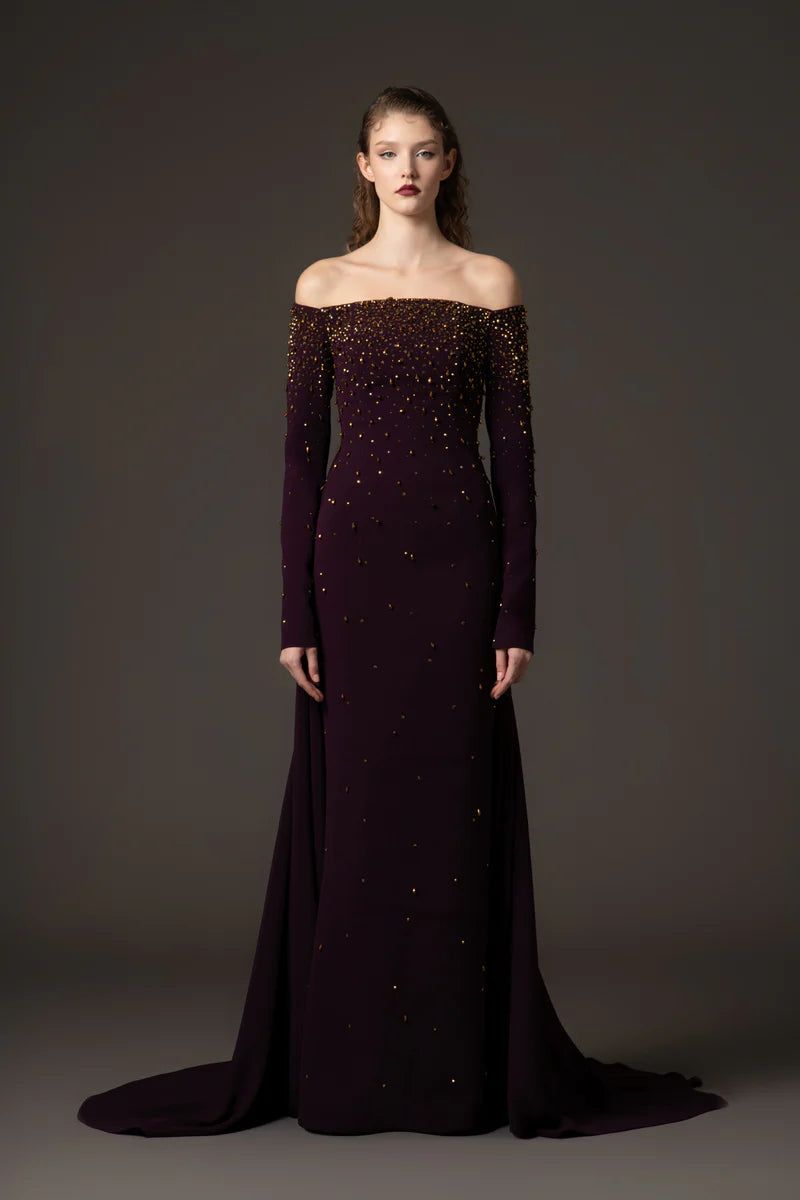 Off The Shoulder Burgundy Crêpe Dress