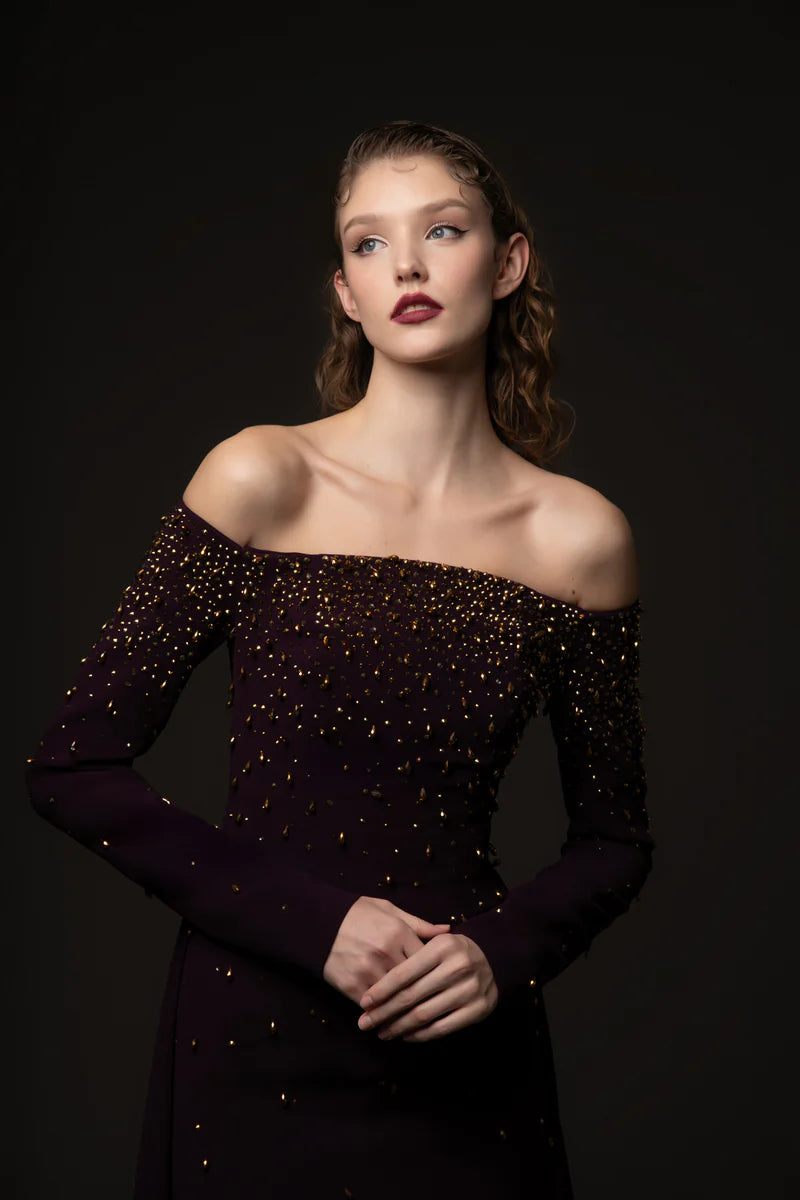 Off The Shoulder Burgundy Crêpe Dress