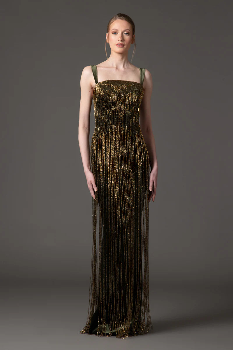 Embroidered Olive Green Velvet Dress