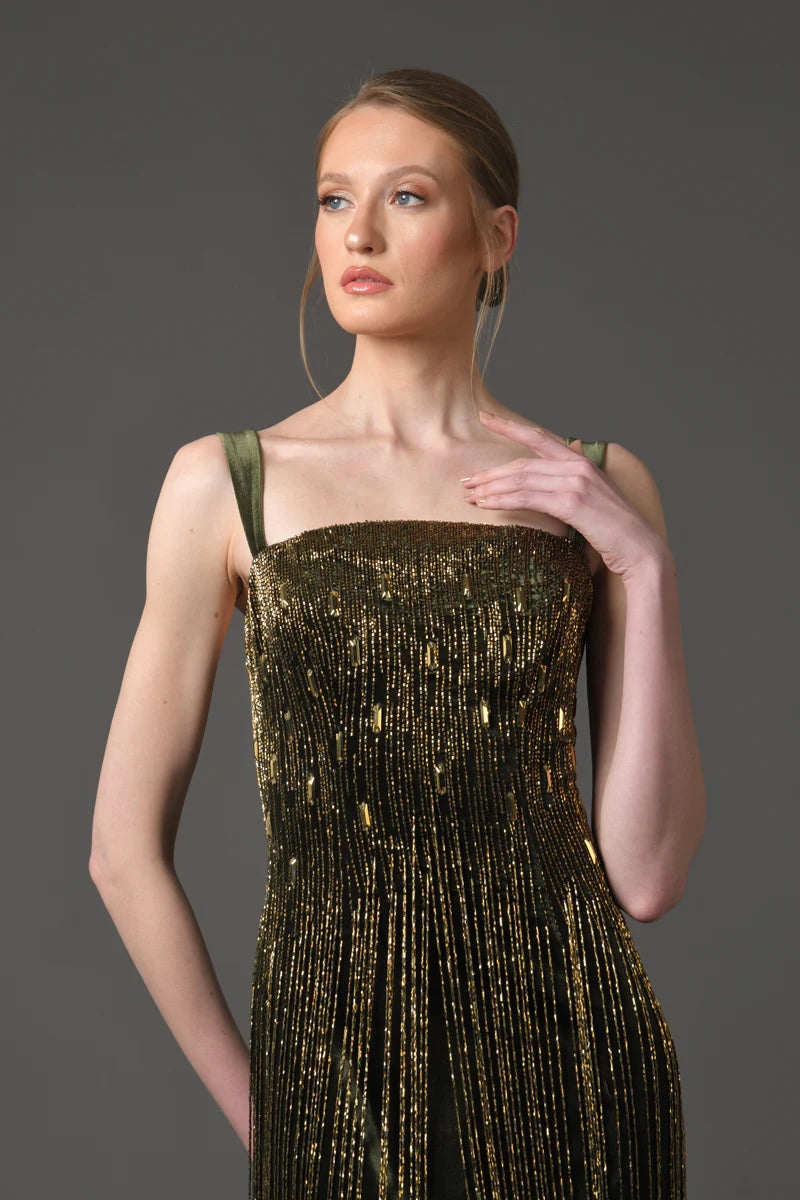 Embroidered Olive Green Velvet Dress