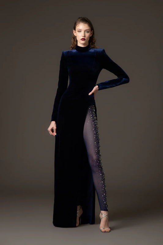 Velvet Blue Dress with Tulle Leggings‭
