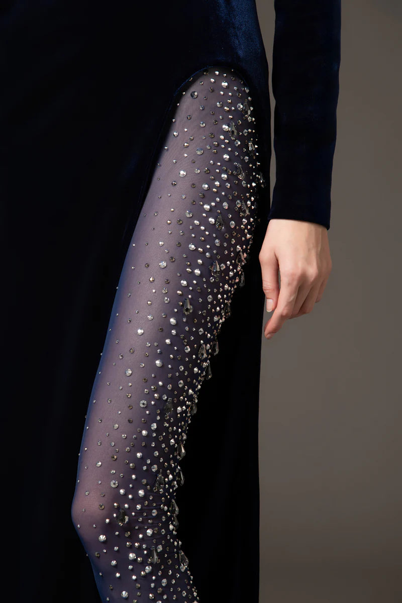 Velvet Blue Dress with Tulle Leggings‭