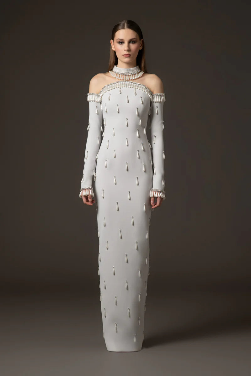 Light Grey Crêpe Dress with Crystals & Pearls