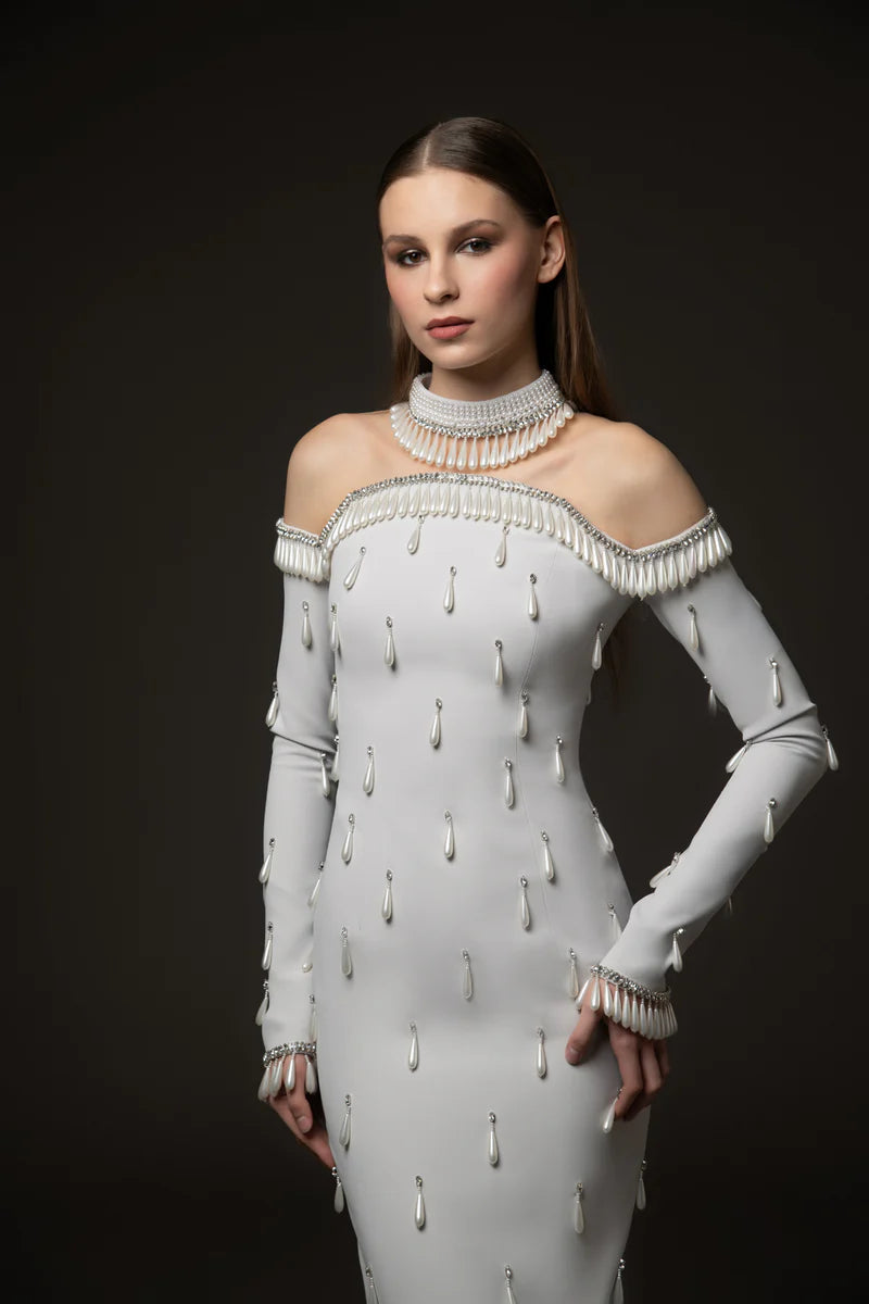 Light Grey Crêpe Dress with Crystals & Pearls