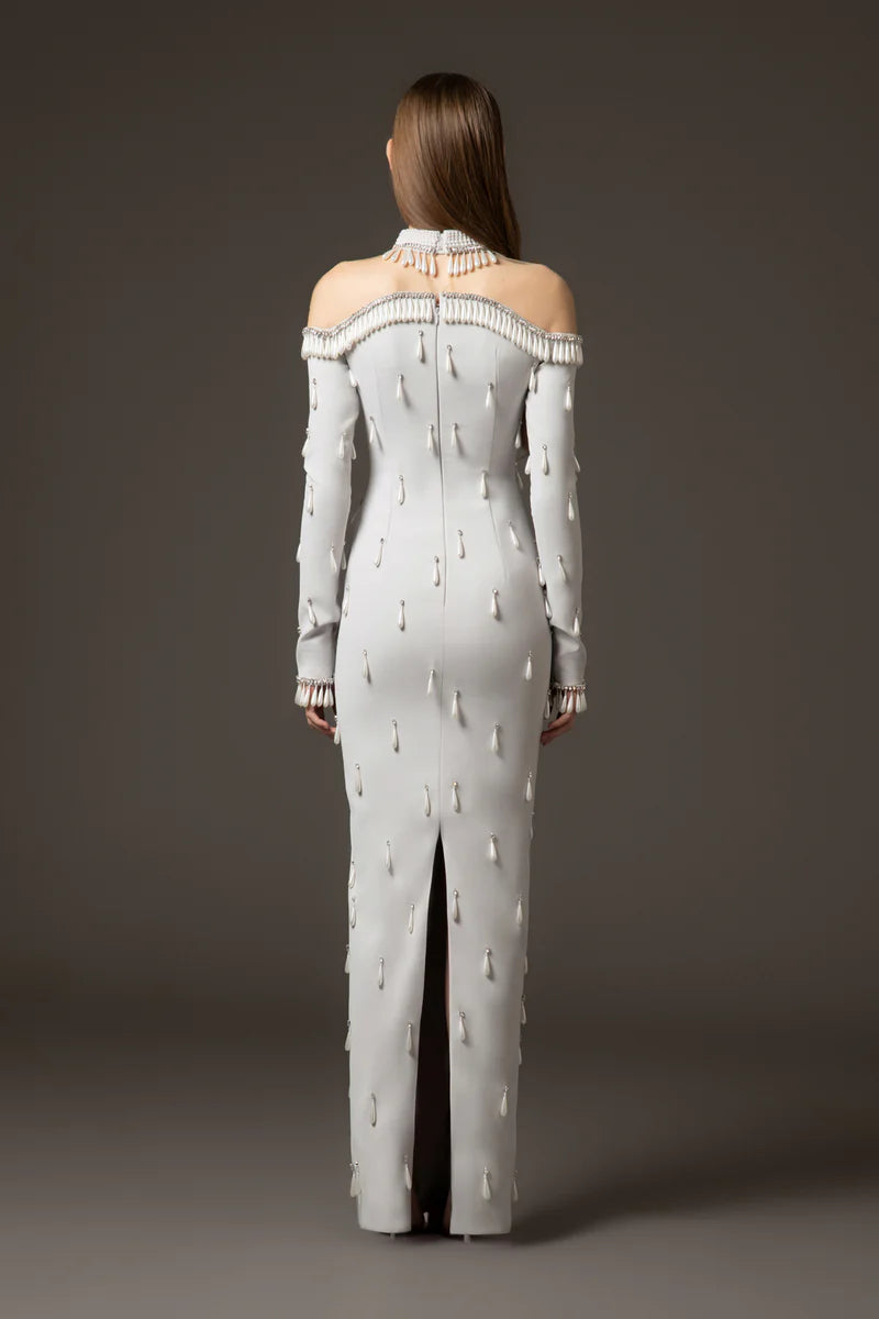 Light Grey Crêpe Dress with Crystals & Pearls